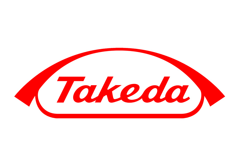 Logo da Takeda Pharmaceuticals com o texto 'Takeda' em vermelho, em estilo cursivo, dentro de um oval branco com bordas vermelhas arqueadas no topo.