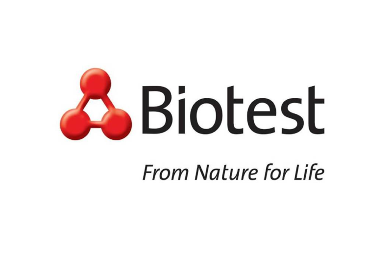 Logótipo da Biotest com o símbolo de três moléculas interligadas formando um triângulo. Abaixo, o slogan “From Nature for Life” é exibido.